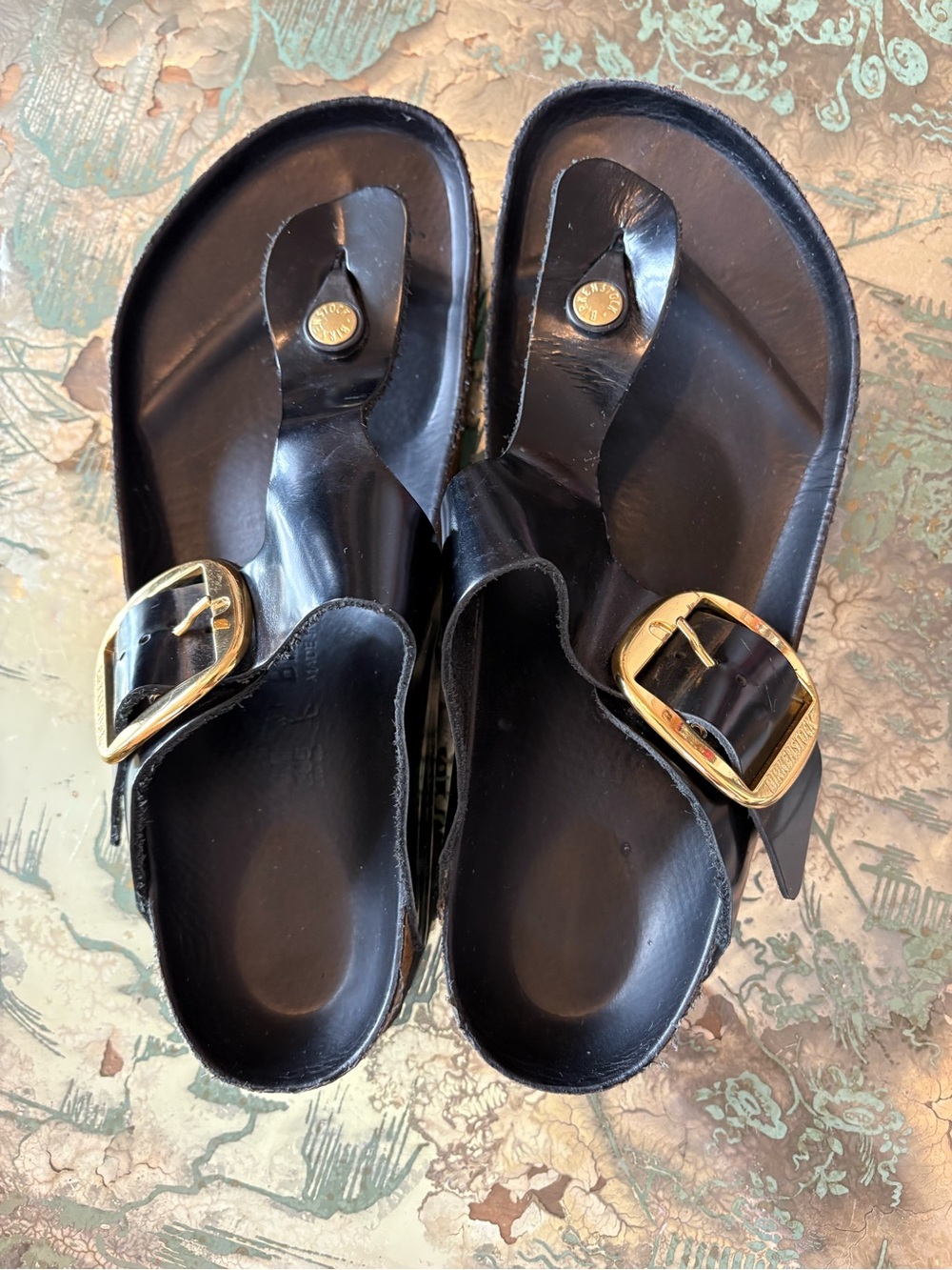 Birkenstock Black Sandals with Gold Buckles